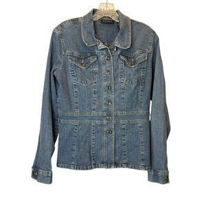 Axcess Womens Blue Stretch Denim Jacket Button‎ Down Tailored Fitted Waist M